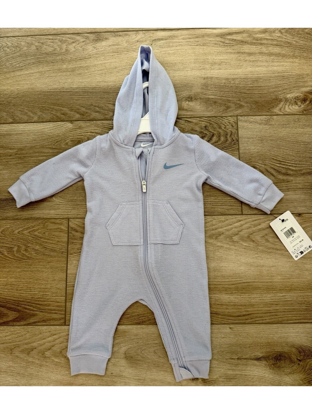 NWT Nike Baby Sz Newborn Long-Sleeve Hooded Romper - Full Zip - lt blue waffle